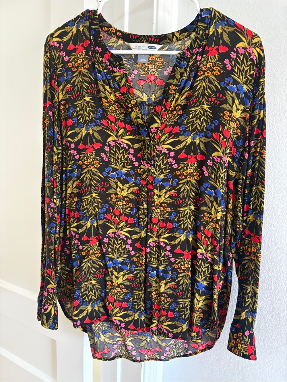 Black Floral V-Neck Long Sleeve Blouse with Colorful Floral Accents